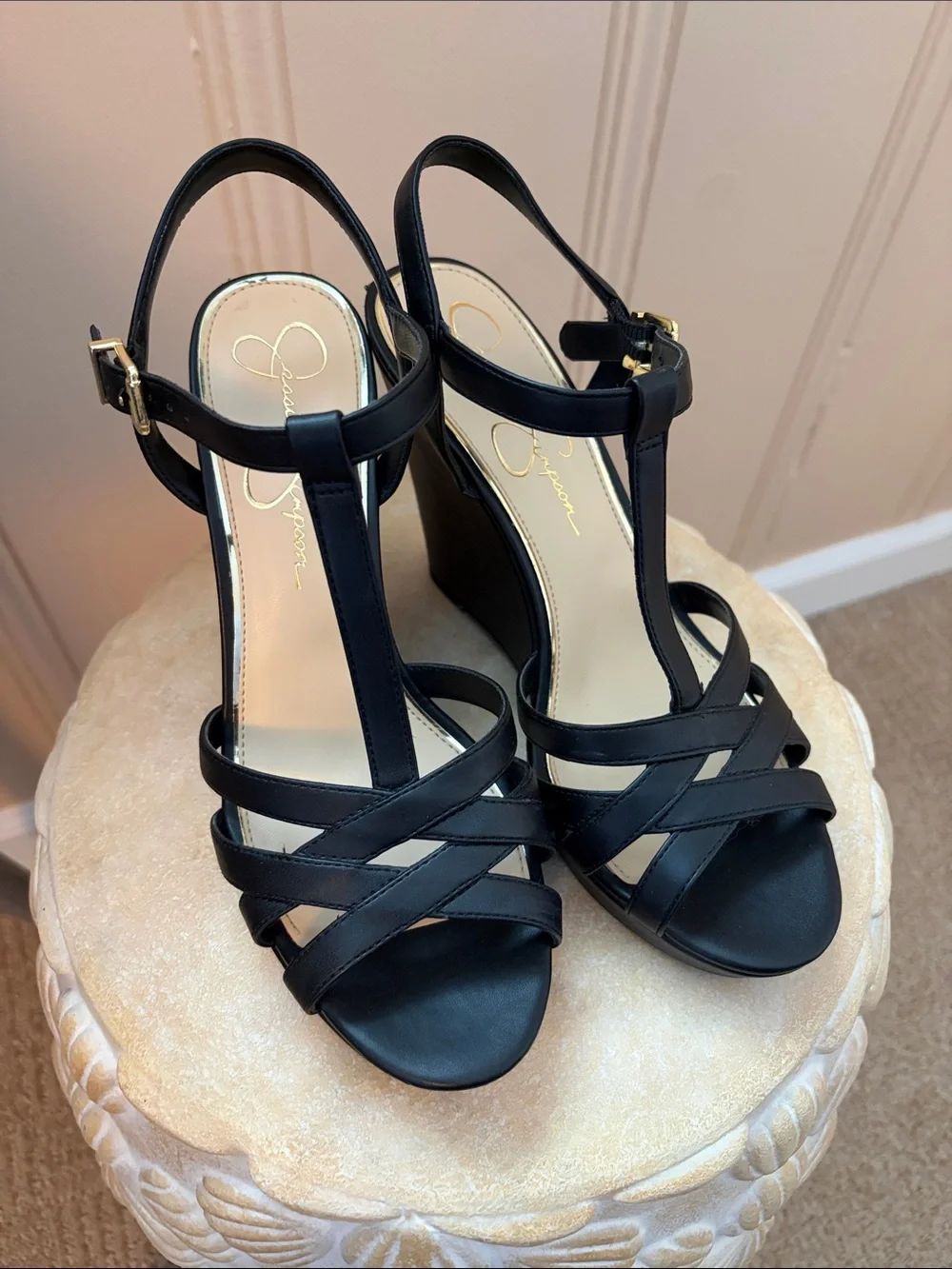Jessica Simpson Black Strappy T‑Bar Wedge Sandals
